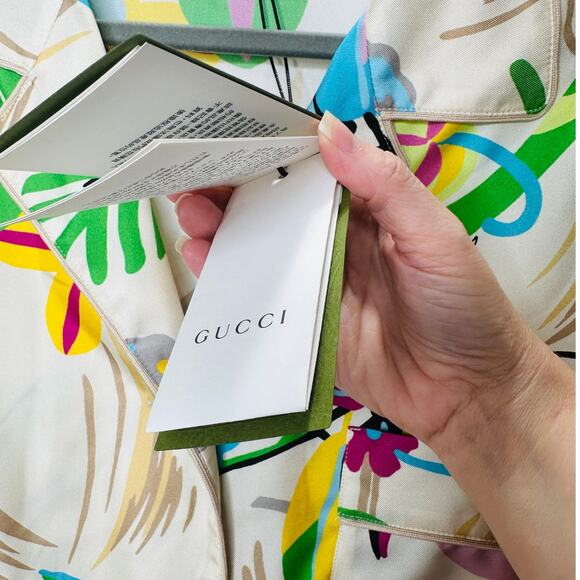 NWT Gucci Silk Tan Pink Blue Multi Floral Leaf Printed Blouse 46 / XL - Picture 10 of 16